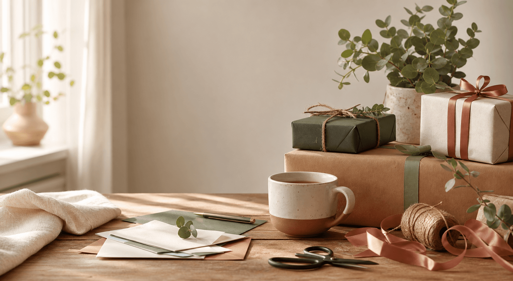 Wrapped gifts, a handwritten card, and a calm tabletop
