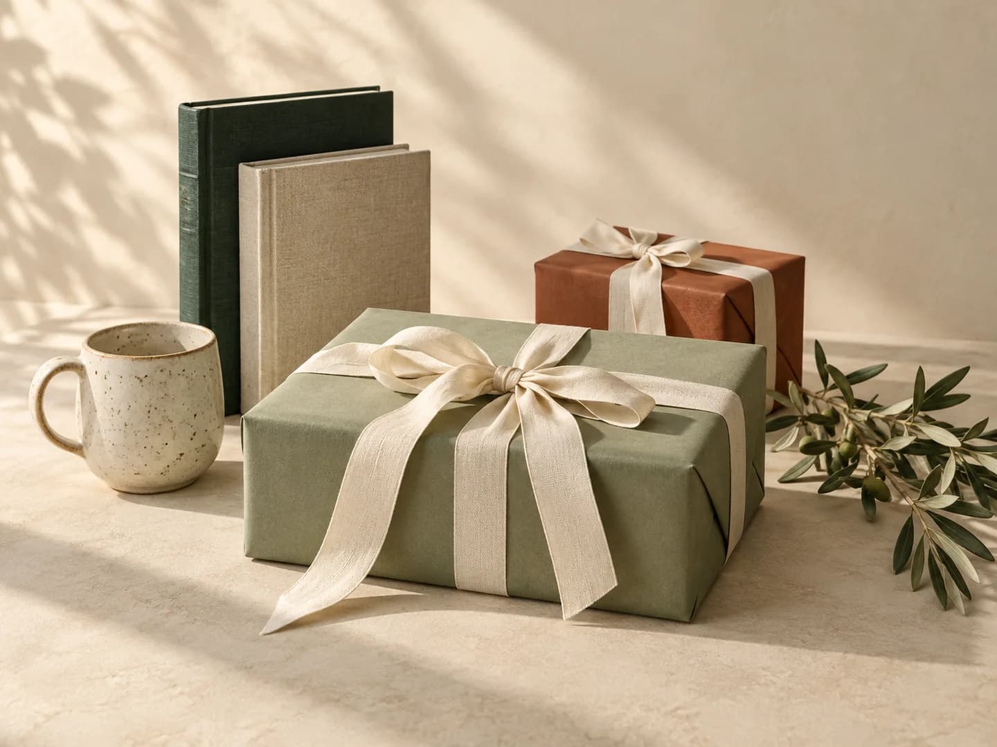 Gifts wrapped in sage and terracotta paper, with linen ribbon, books, and a ceramic mug
